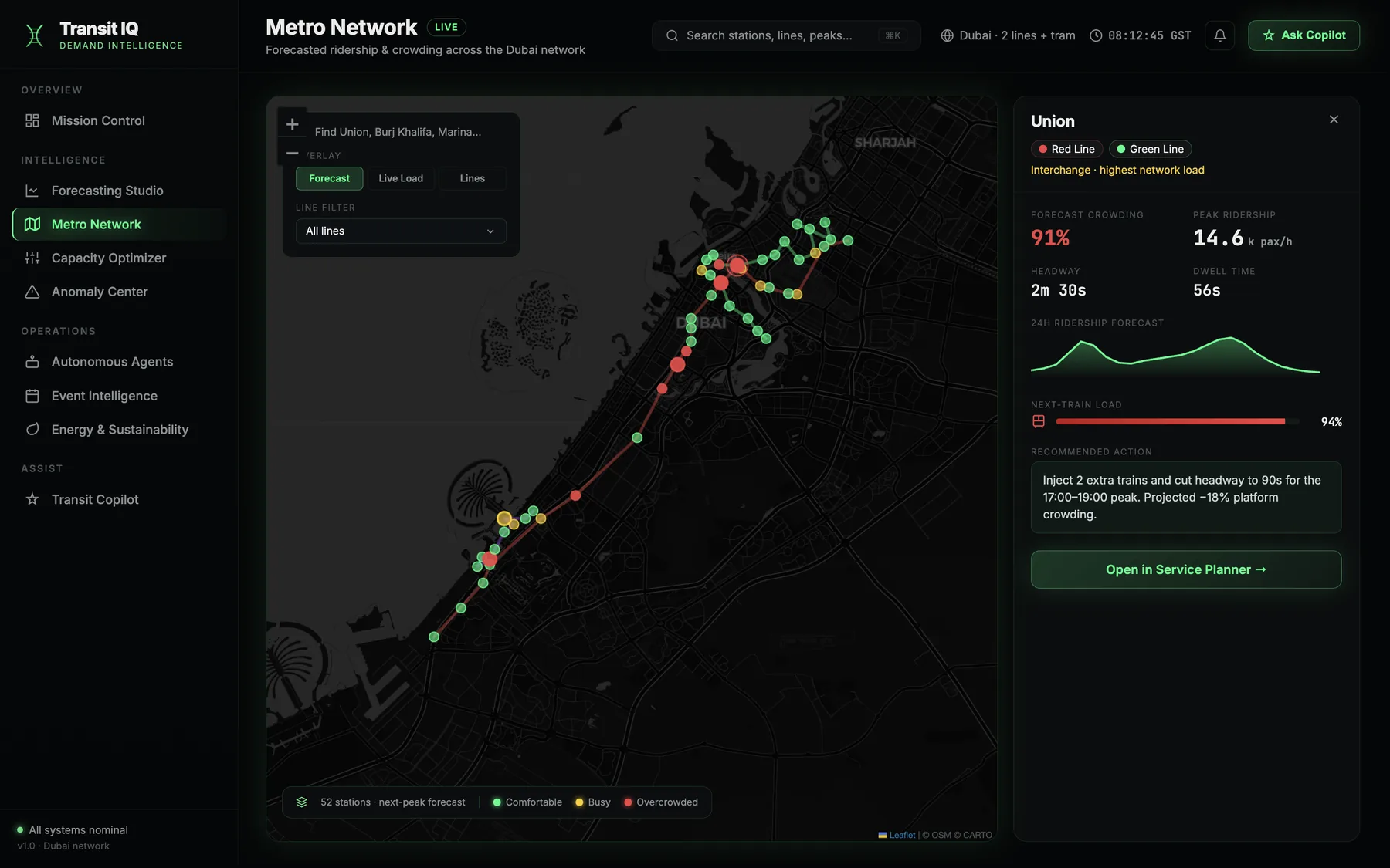 Transit IQ: Dubai Metro network forecast map